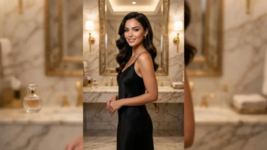 Woman with glossy styled hair in elegant powder room with marble walls and warm lighting