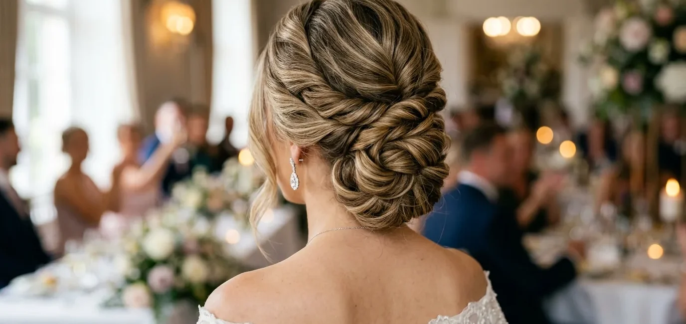 Woman with elegant twisted updo hairstyle at formal wedding reception with diamond earrings