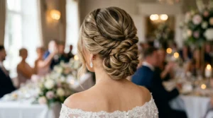 Woman with elegant twisted updo hairstyle at formal wedding reception with diamond earrings