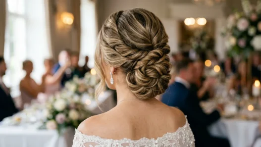 Woman with elegant twisted updo hairstyle at formal wedding reception with diamond earrings