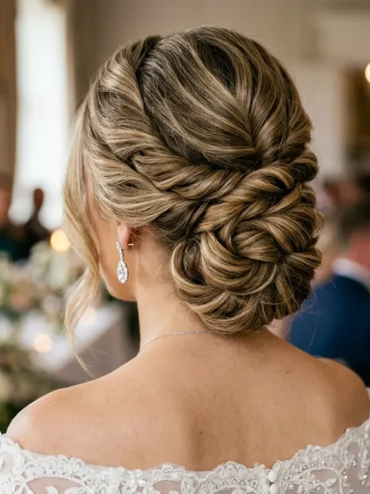 Woman with elegant twisted updo hairstyle at formal wedding reception with diamond earrings
