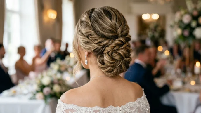 Woman with elegant twisted updo hairstyle at formal wedding reception with diamond earrings