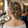Woman with elegant twisted updo hairstyle at formal wedding reception with diamond earrings