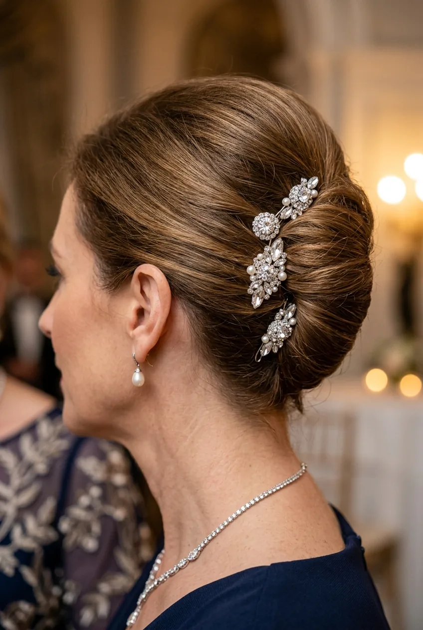 Embellished crystal pins in French twist hairstyle with medium hair rolled smoothly
