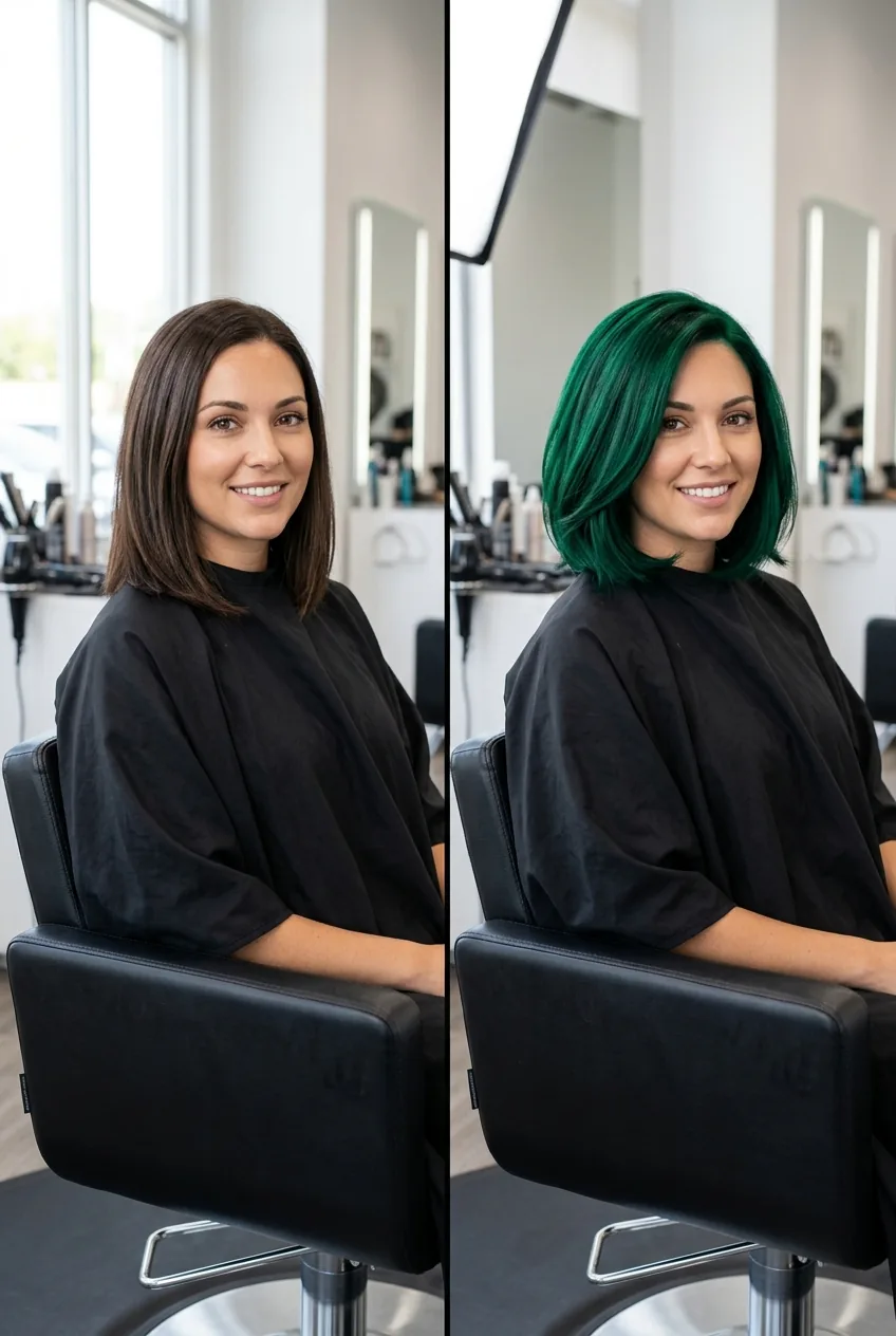 Before and after view of brown bob transformed to bold emerald green in salon styling chair