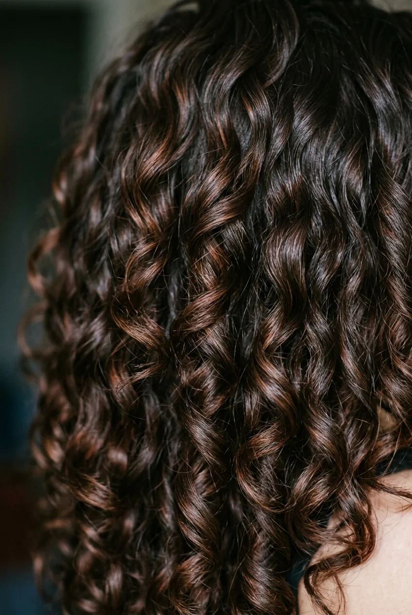 Dark brown hair with enhanced natural curls styled into soft defined waves