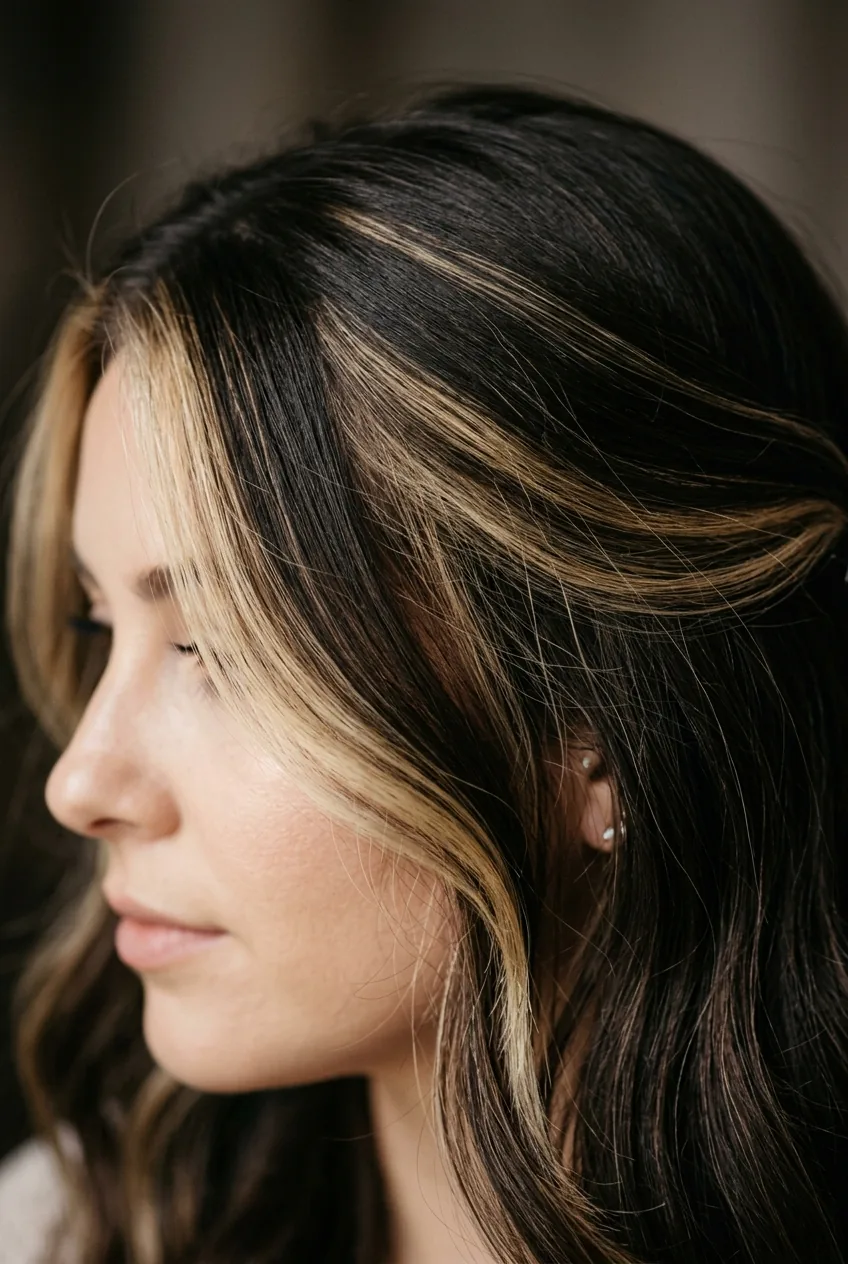 Espresso brown hair featuring face-framing blonde money piece highlights at jawline level
