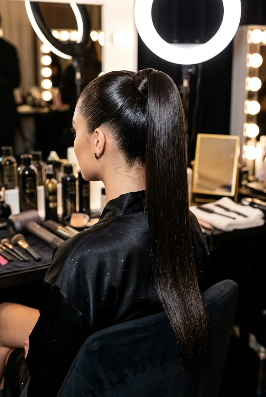 Ultra-sleek ponytail enhanced with clip-in extensions for added length and density