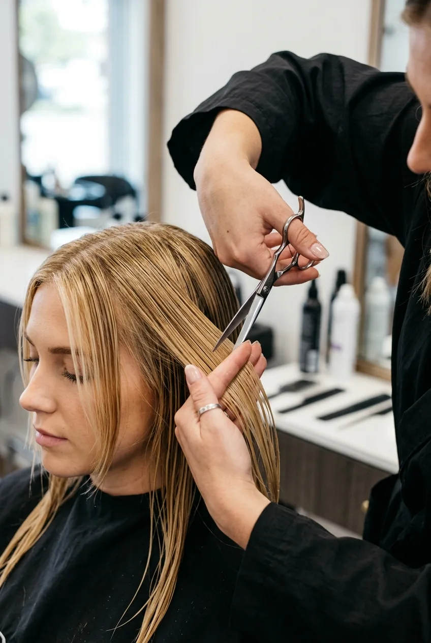 Face-framing hair layer being cut at 45-degree angle with scissors and careful hand positioning