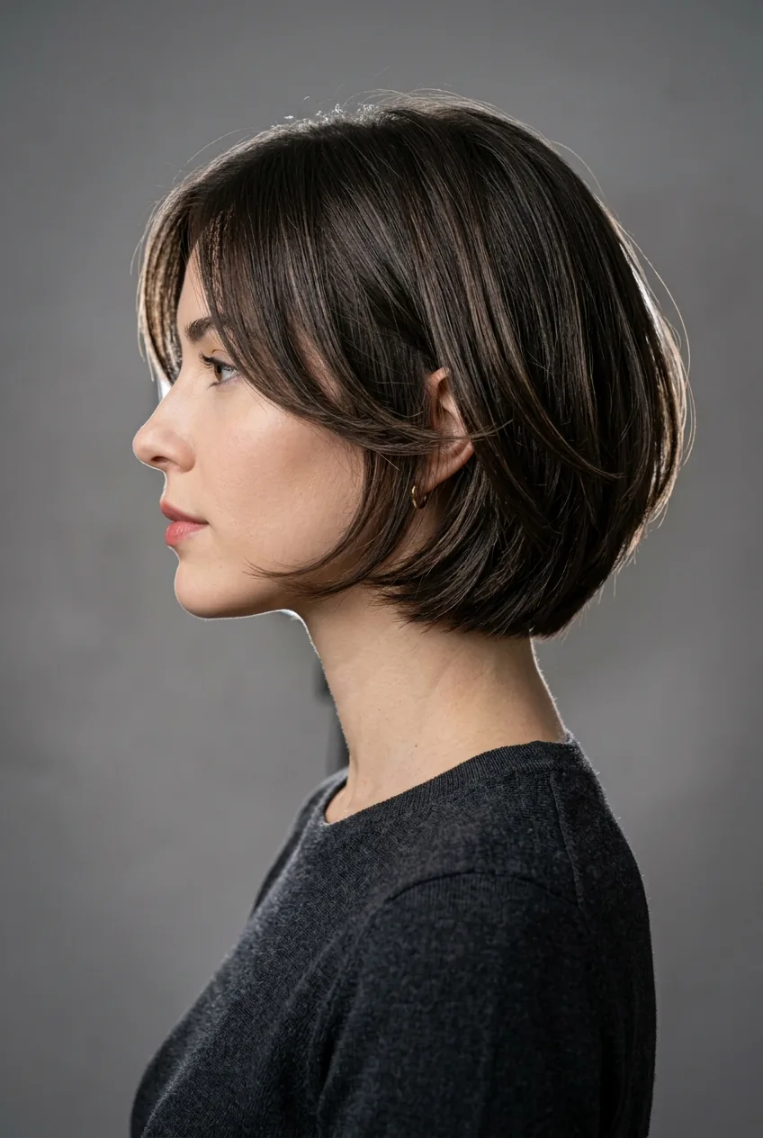 Woman with face-framing layered bob showing shorter pieces cut at cheekbone level