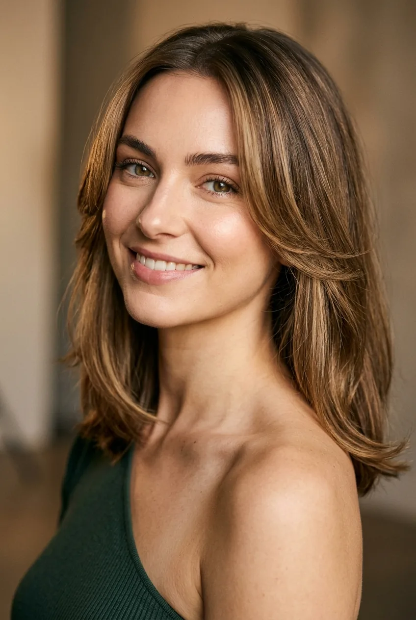 Face-framing collarbone length hair with soft layers showing how the cut complements facial features