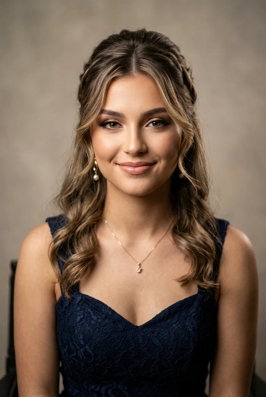 Front view of woman with half up prom hairstyle showing face-framing layers and elegant styling