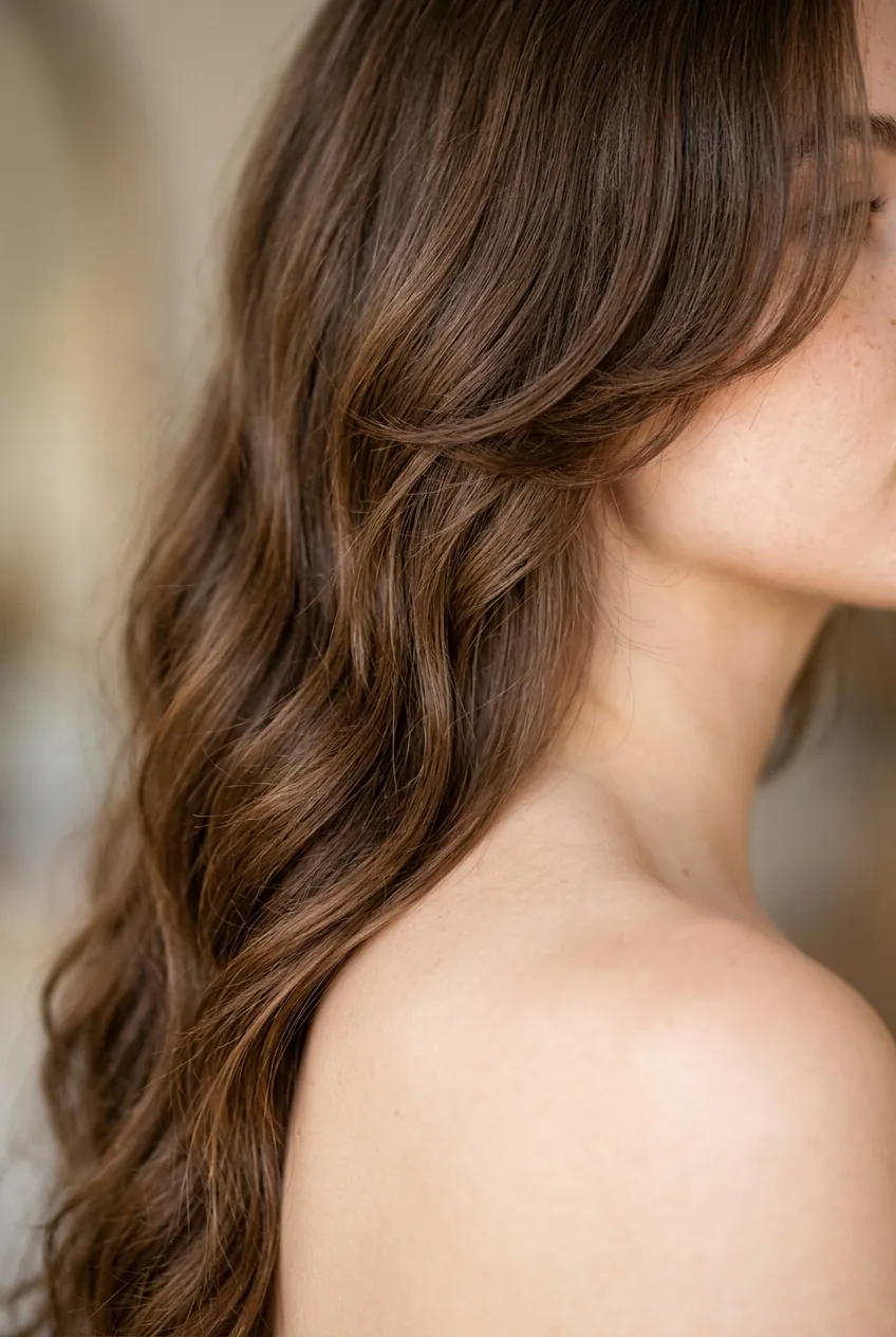Long wavy hair with face-framing layers showing placement and movement over shoulder