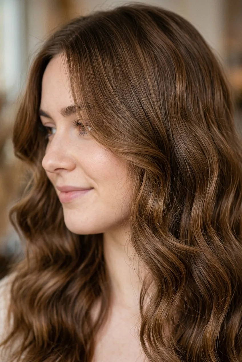 Caramel brown face-framing layers showing natural wave movement around features