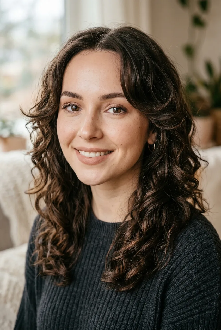 Face-framing layers starting at cheekbone level on woman with larger forehead and textured waves