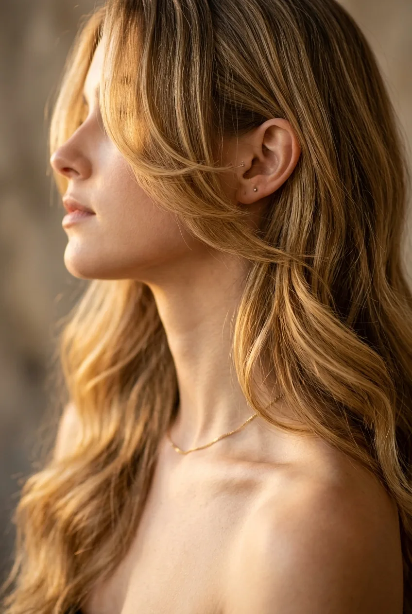 Face-framing long wavy layers with strategic shorter pieces showing how cut frames jawline area