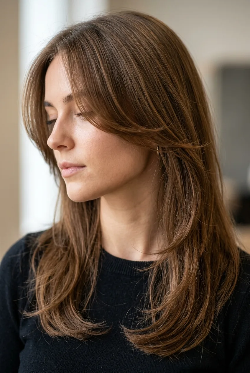 Face-framing layers in long haircut demonstrating seamless blending around jawline area