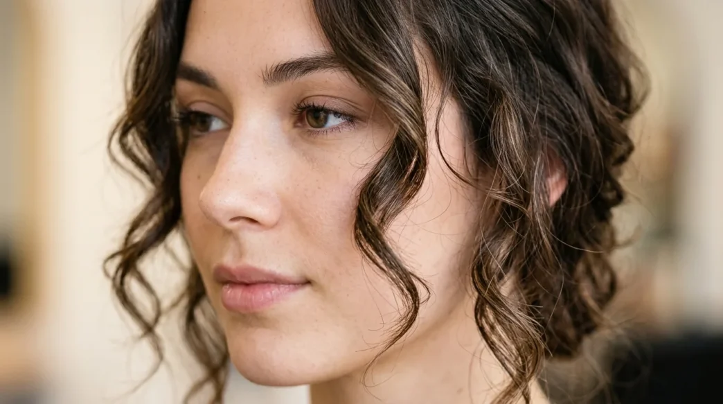 Woman with professionally styled face framing layers showing natural movement and texture around face