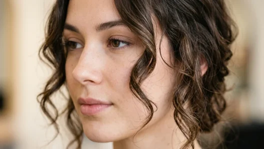 Woman with professionally styled face framing layers showing natural movement and texture around face