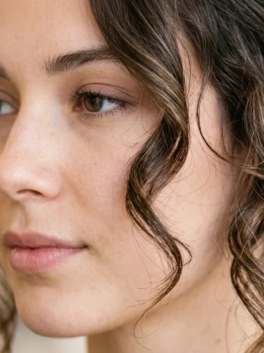 Woman with professionally styled face framing layers showing natural movement and texture around face