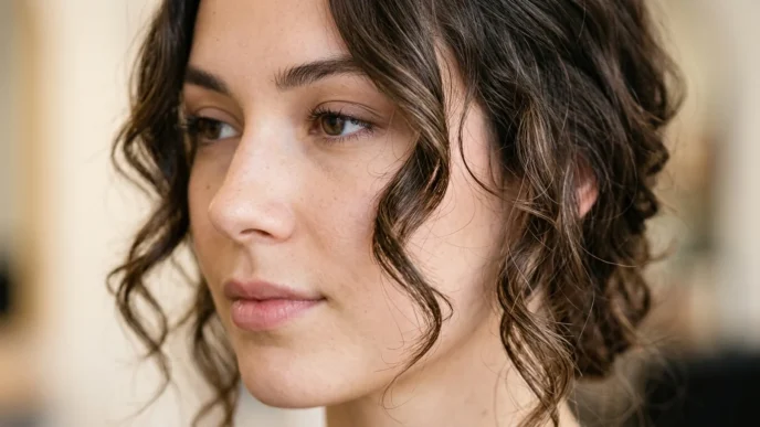 Woman with professionally styled face framing layers showing natural movement and texture around face