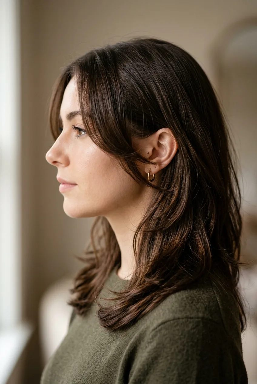 Profile view of woman showing face-framing layers cut at medium length with soft side lighting