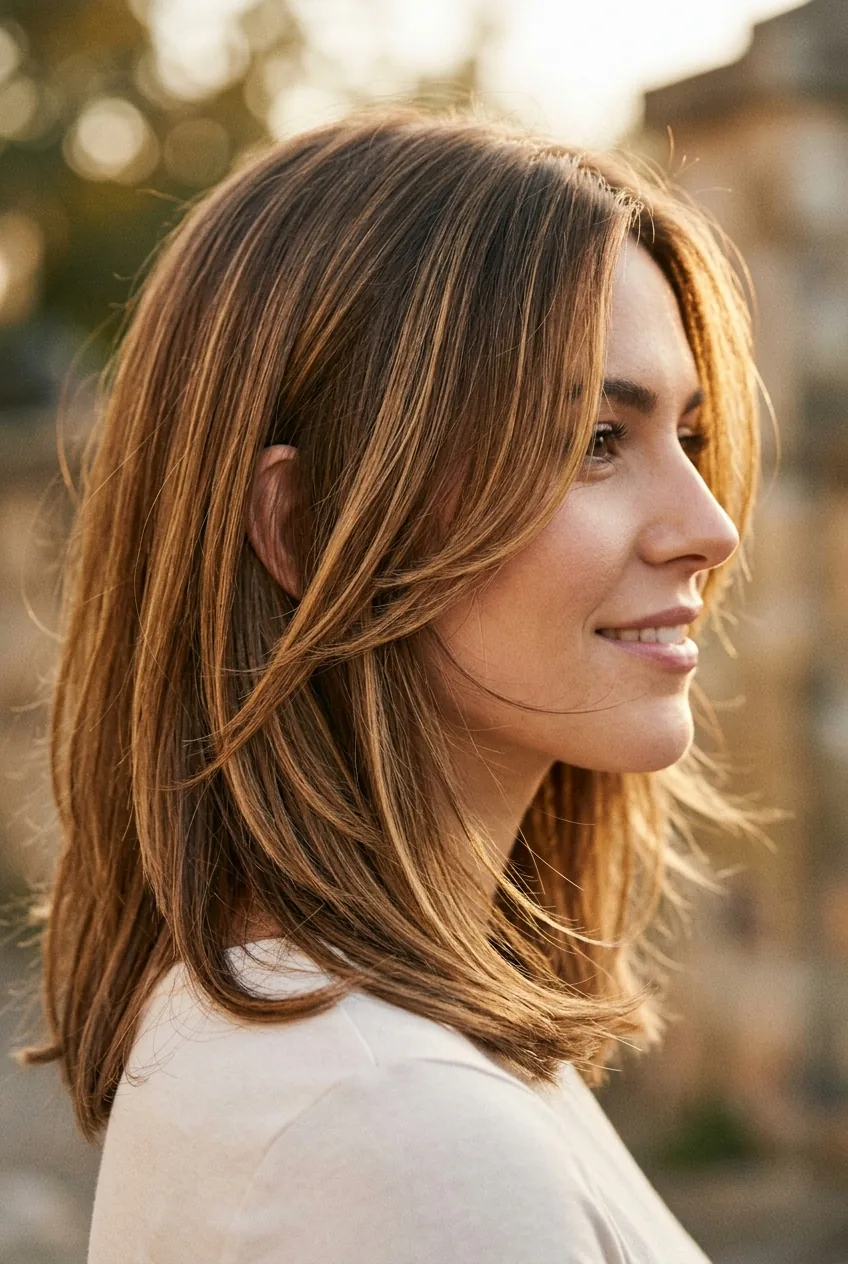 Profile view highlighting face-framing layers in shoulder-length hair with natural golden lighting