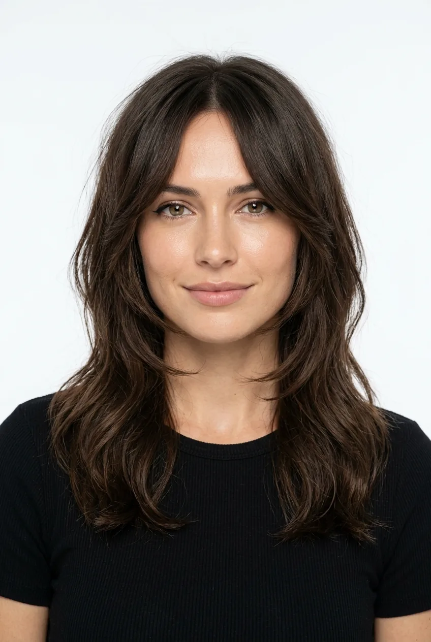 Woman with face-framing layers around longer haircut creating flattering frame