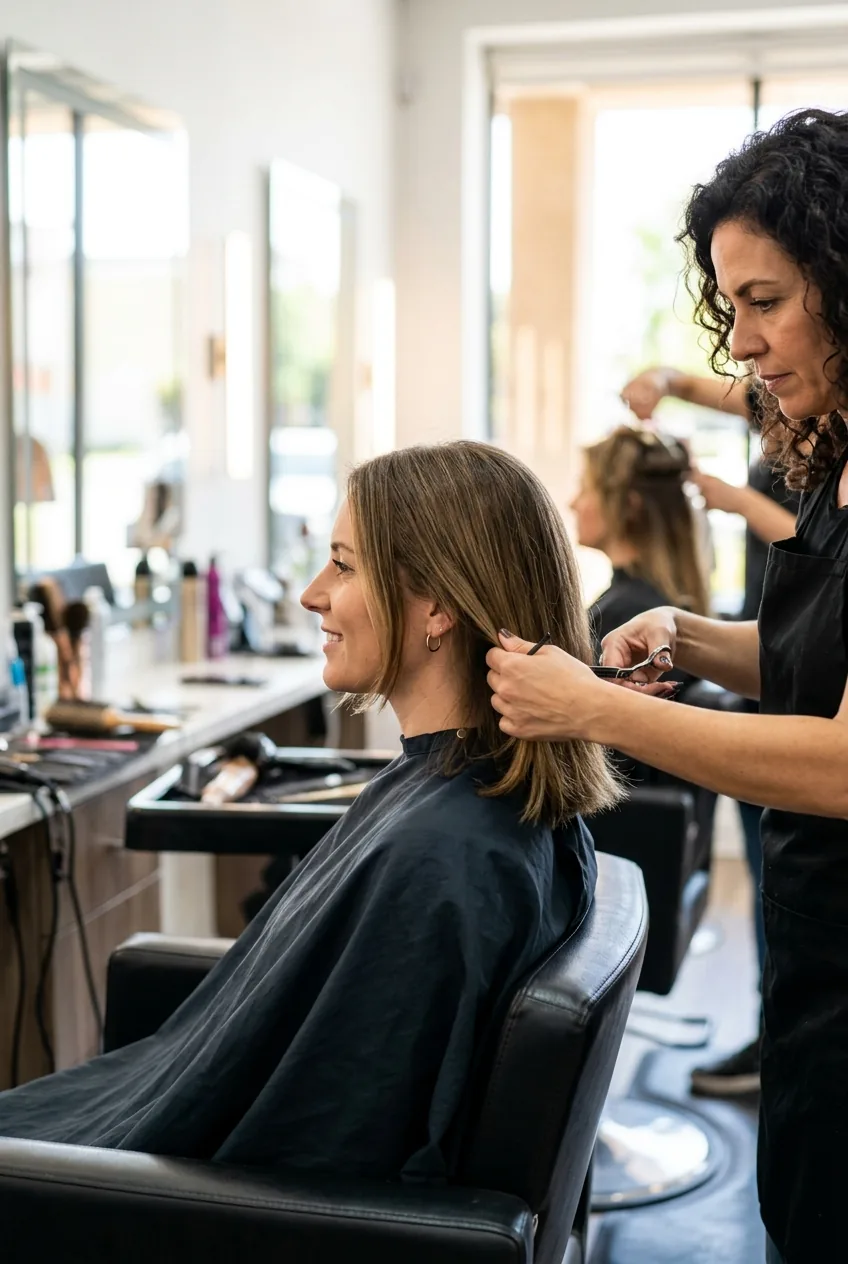 Side profile of woman receiving lob cut with stylist working on face-framing front sections