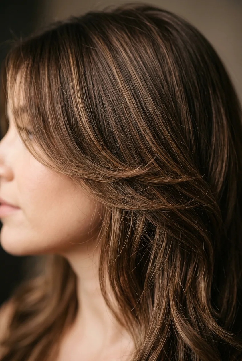 Close-up of perfectly styled mid-length hair with face-framing layers around jawline