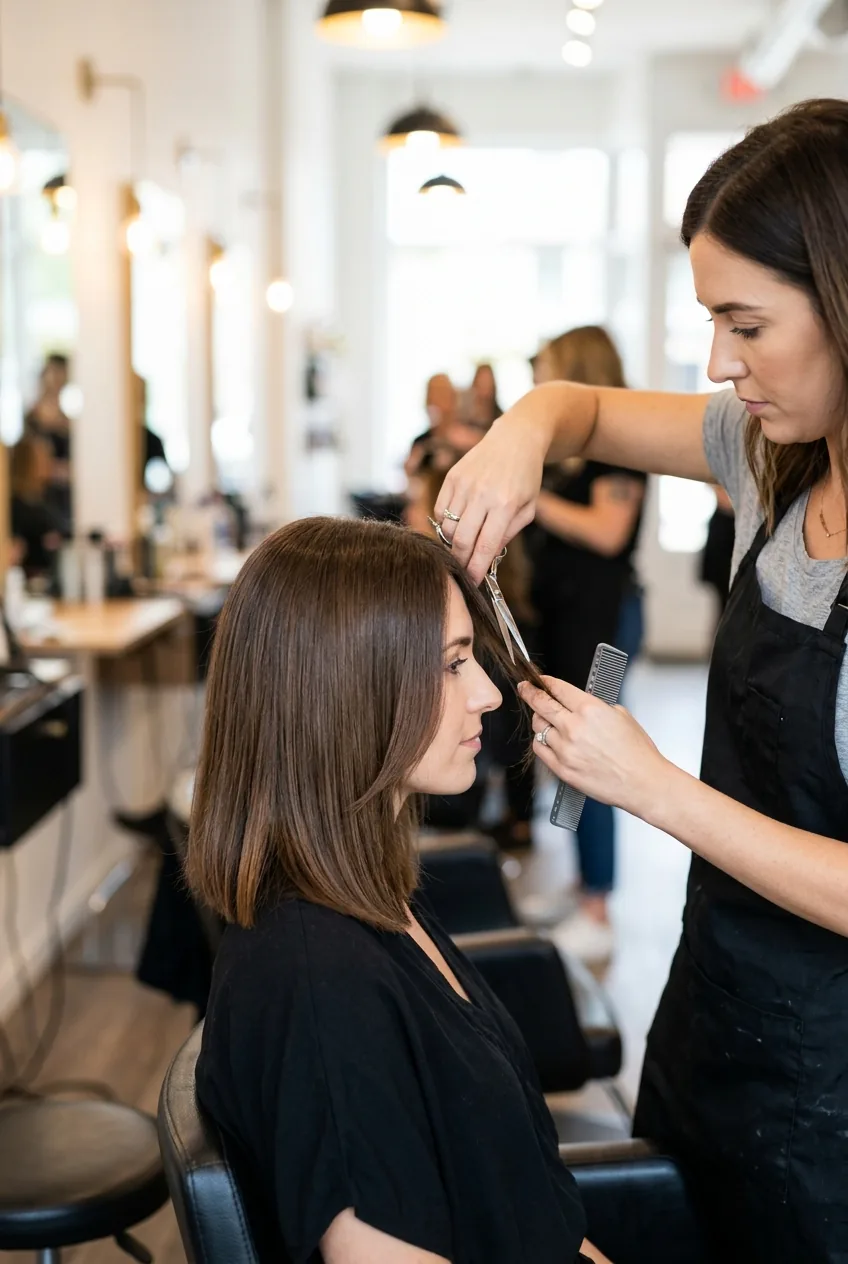 Precision cutting of face-framing pieces showing gradual angle in lob haircut