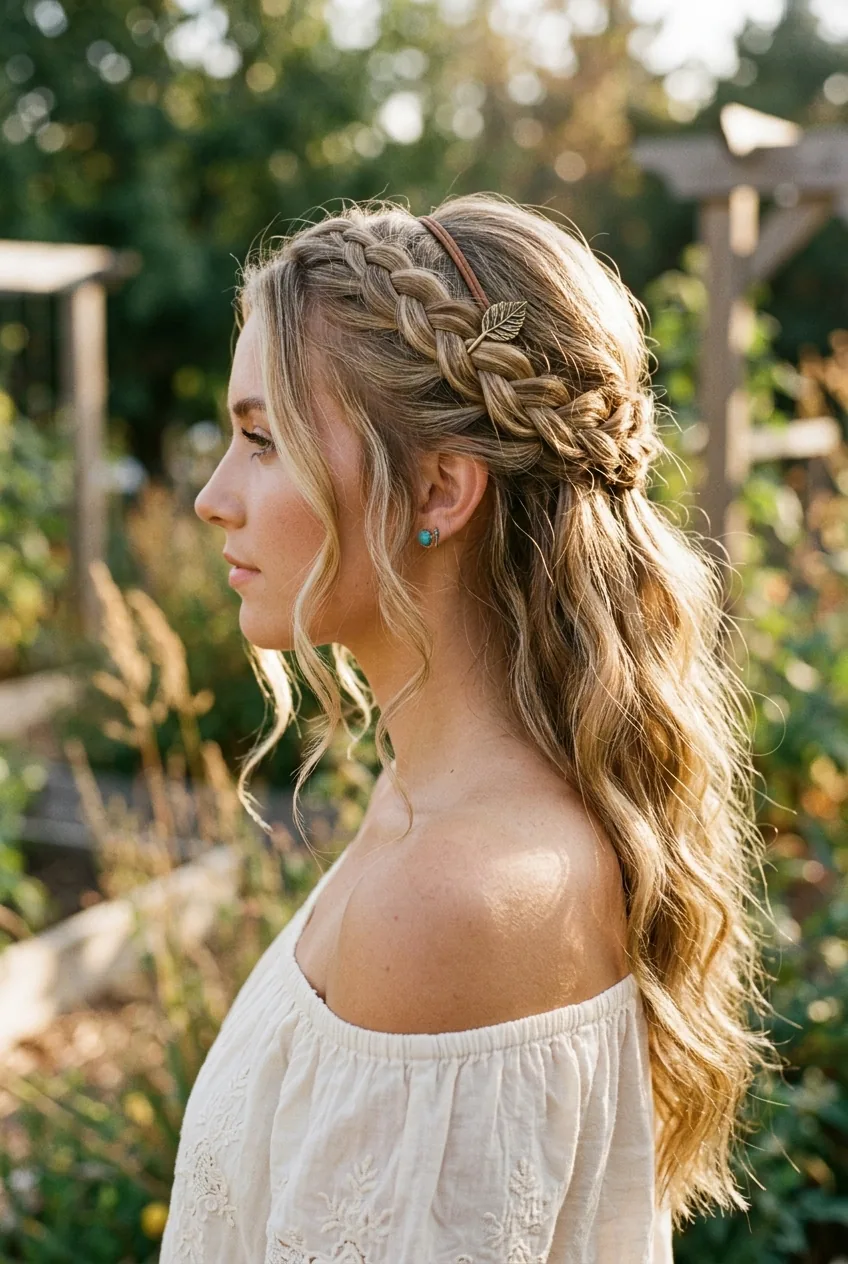 Side profile showing completed boho braided half up with loose face-framing pieces and natural waves