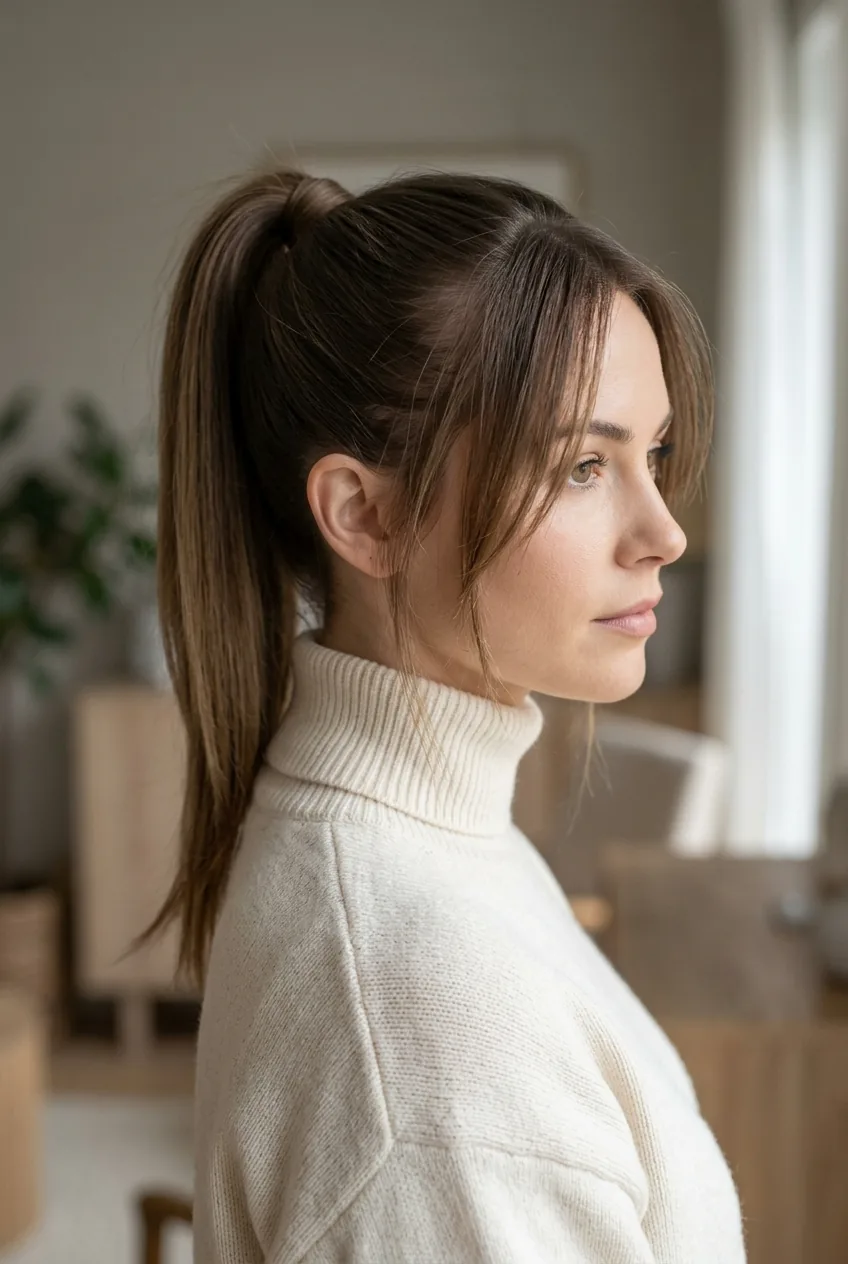Sleek ponytail with strategic face-framing pieces left loose around temples and ears