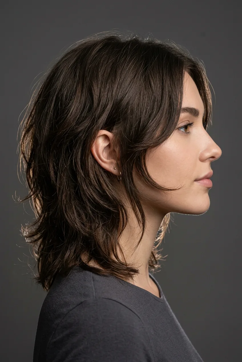 Woman with face-framing shag featuring chin-length pieces and longer back