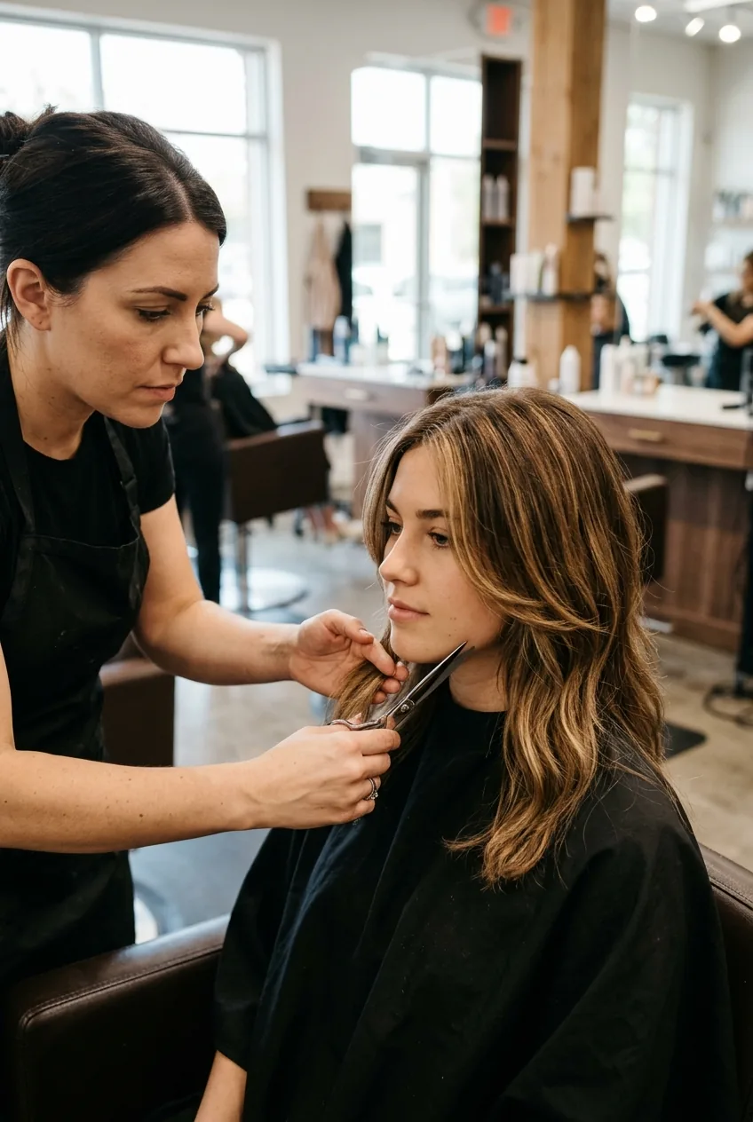 Face-framing shag layers being cut around jawline using diagonal cutting technique on highlighted brown hair