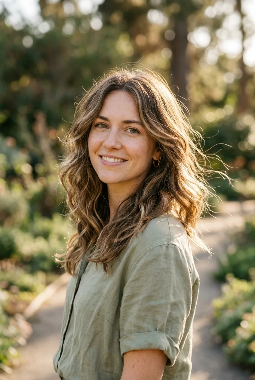 Portrait of woman with face-framing wavy layers and natural shoulder-length waves