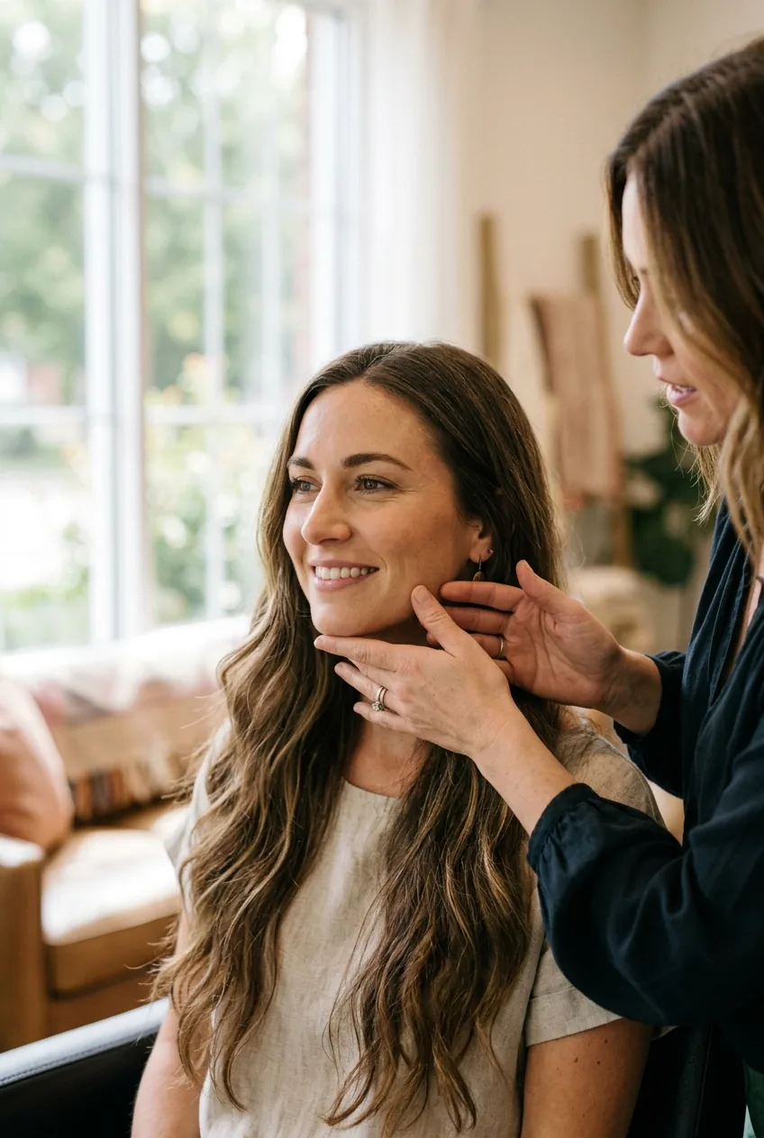 Woman having face shape assessed by stylist's hands in natural window lighting for haircut consultation