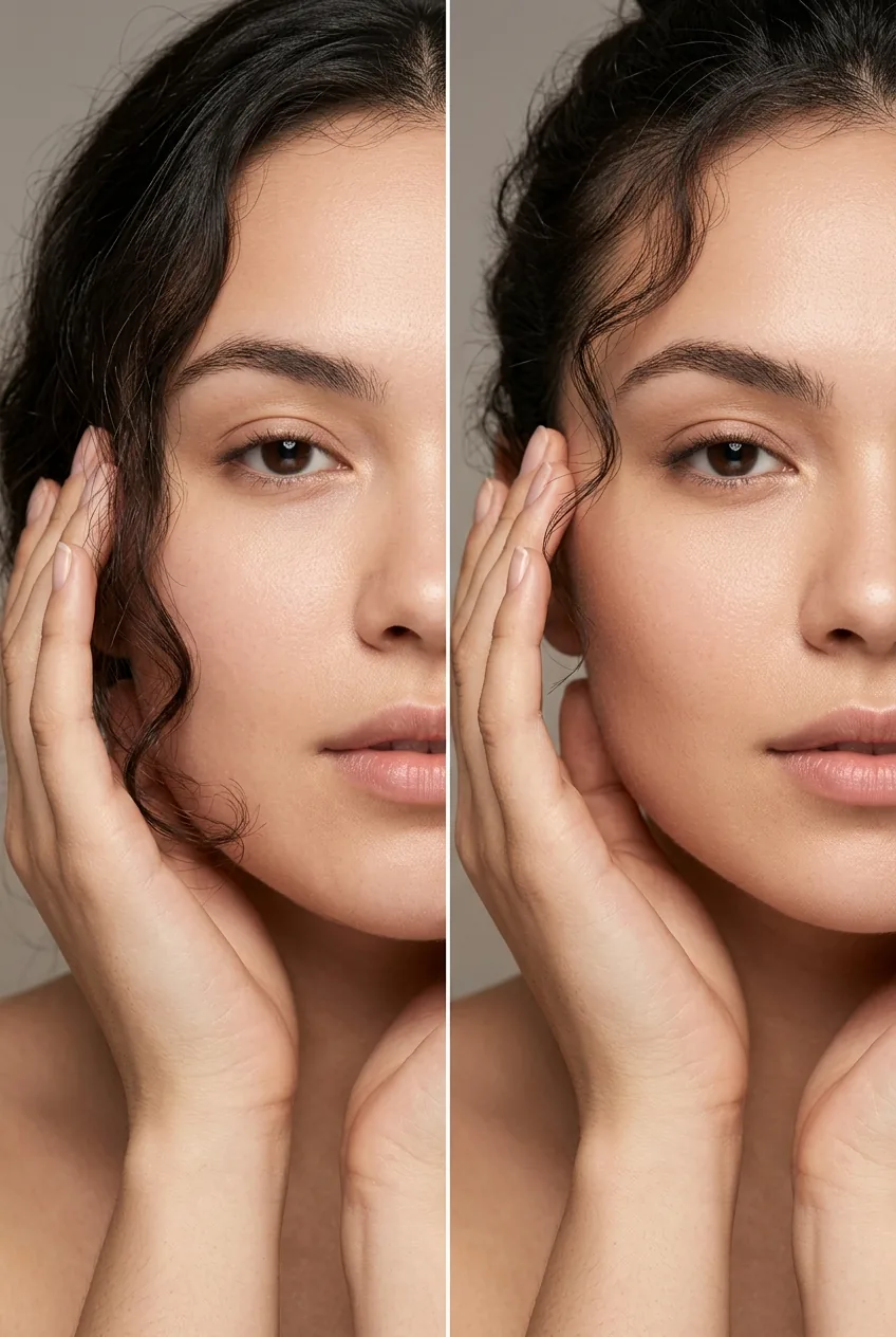 Woman with round face using hands to frame and analyze widest points of face shape before haircut