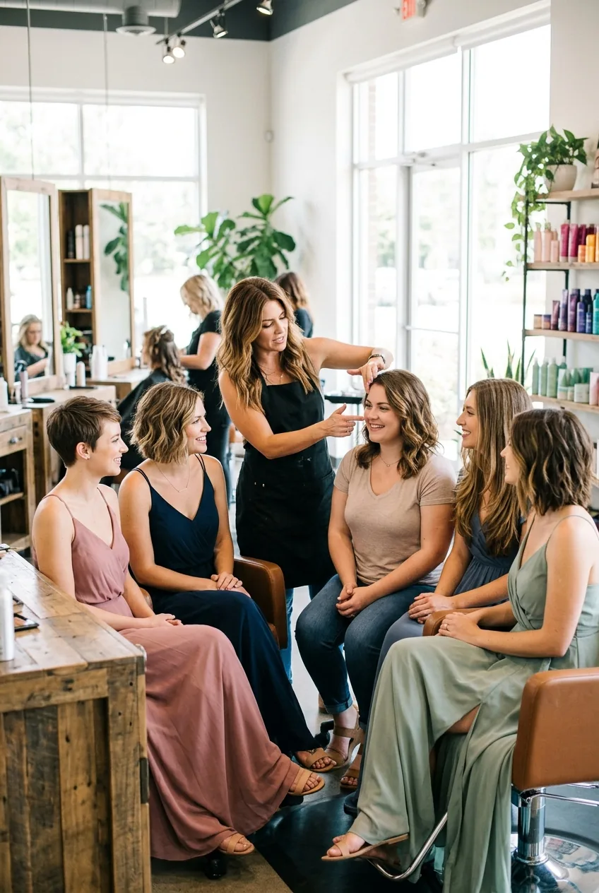 Multiple bridesmaids with different face shapes during salon consultation with professional stylist