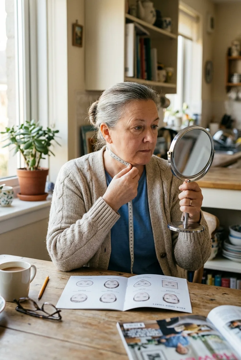 Mature woman examining face shape in handheld mirror with hair pulled back in natural lighting