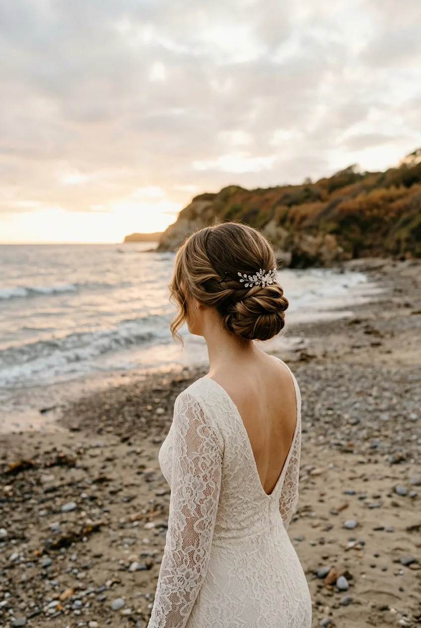 Elegant low chignon hairstyle for fall beach wedding with structured but moveable styling