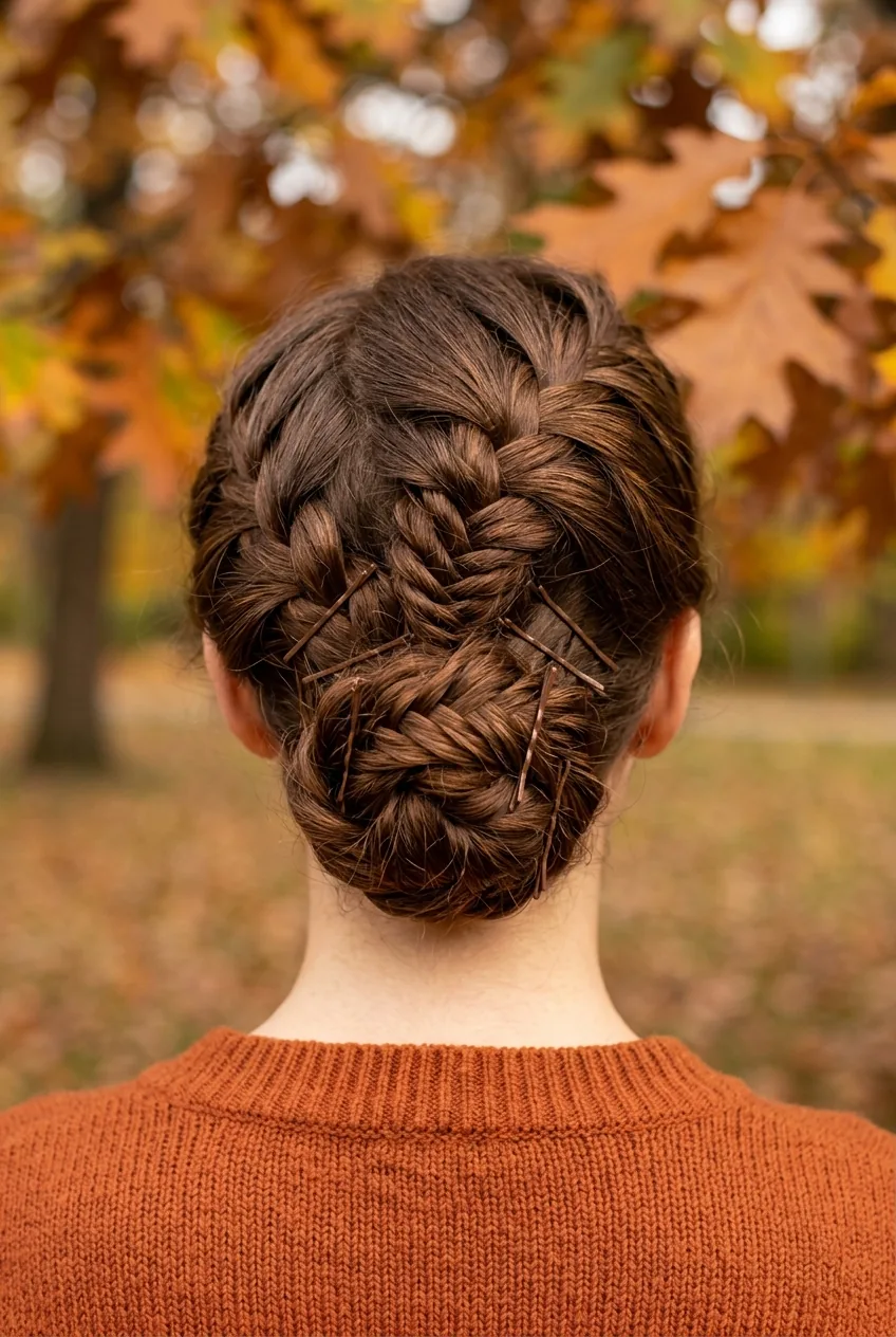 Brown-haired woman with tightly secured braided updo showing fall styling transition