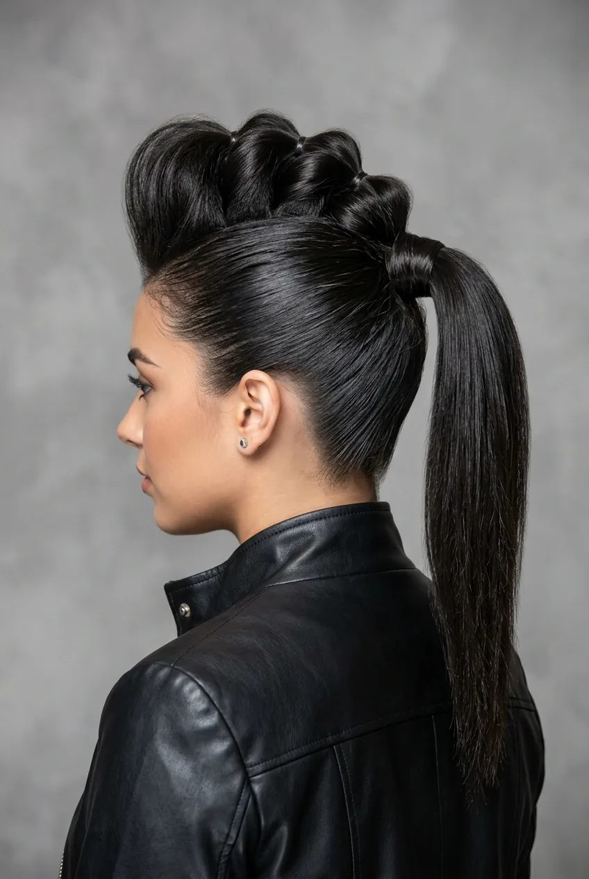 Faux hawk ponytail showing edgy sectioned styling with punk-inspired height