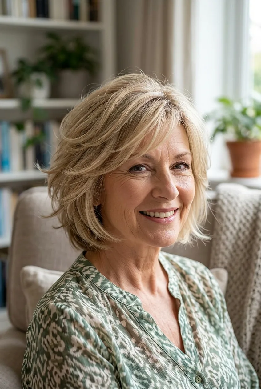 Feathered cut displaying soft layers and natural lift with gentle movement and texture