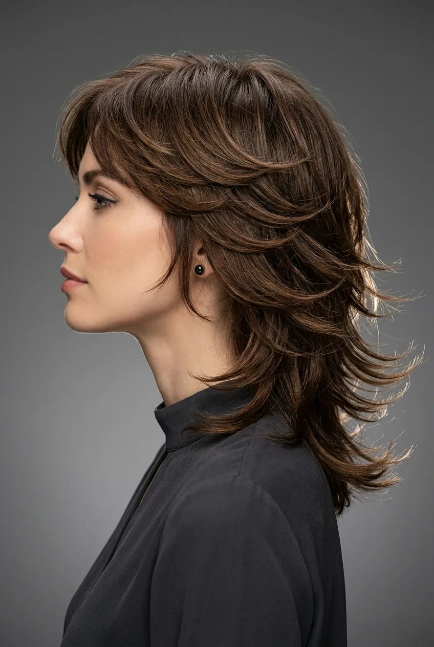 Woman with feathered retro layered cut showing vintage-inspired outward movement