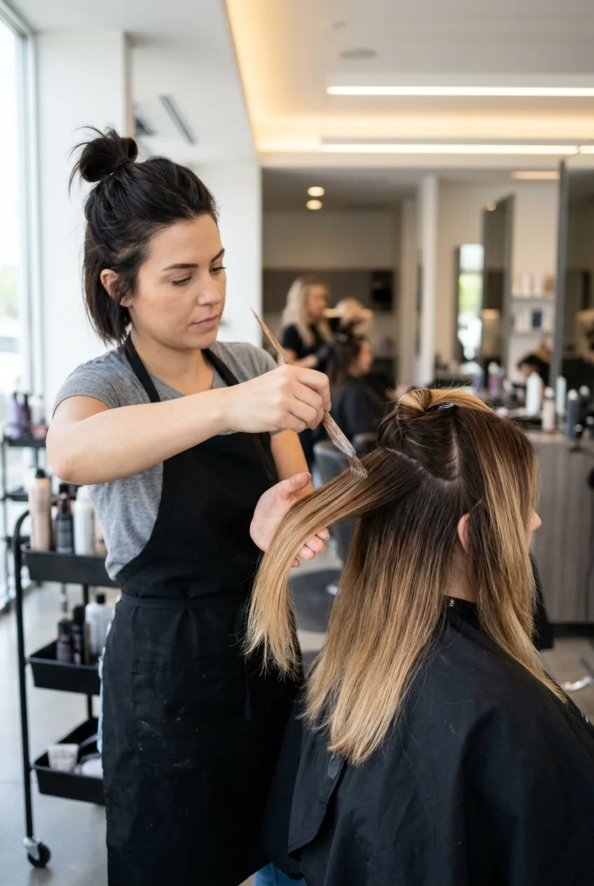 Colorist demonstrating feathering technique to blend natural roots with lightened hair ends
