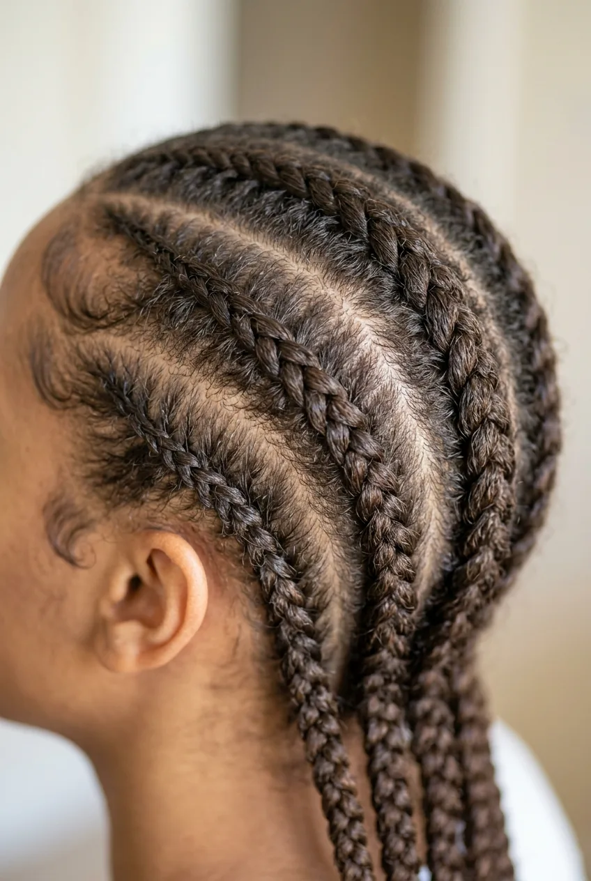 Delicate feed-in cornrows on fine natural hair with gentle tension and gradual hair addition