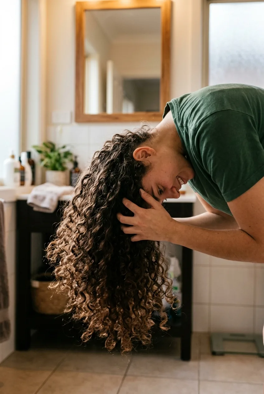 Woman flipping head upside down and fluffing thin curls with fingertips for volume