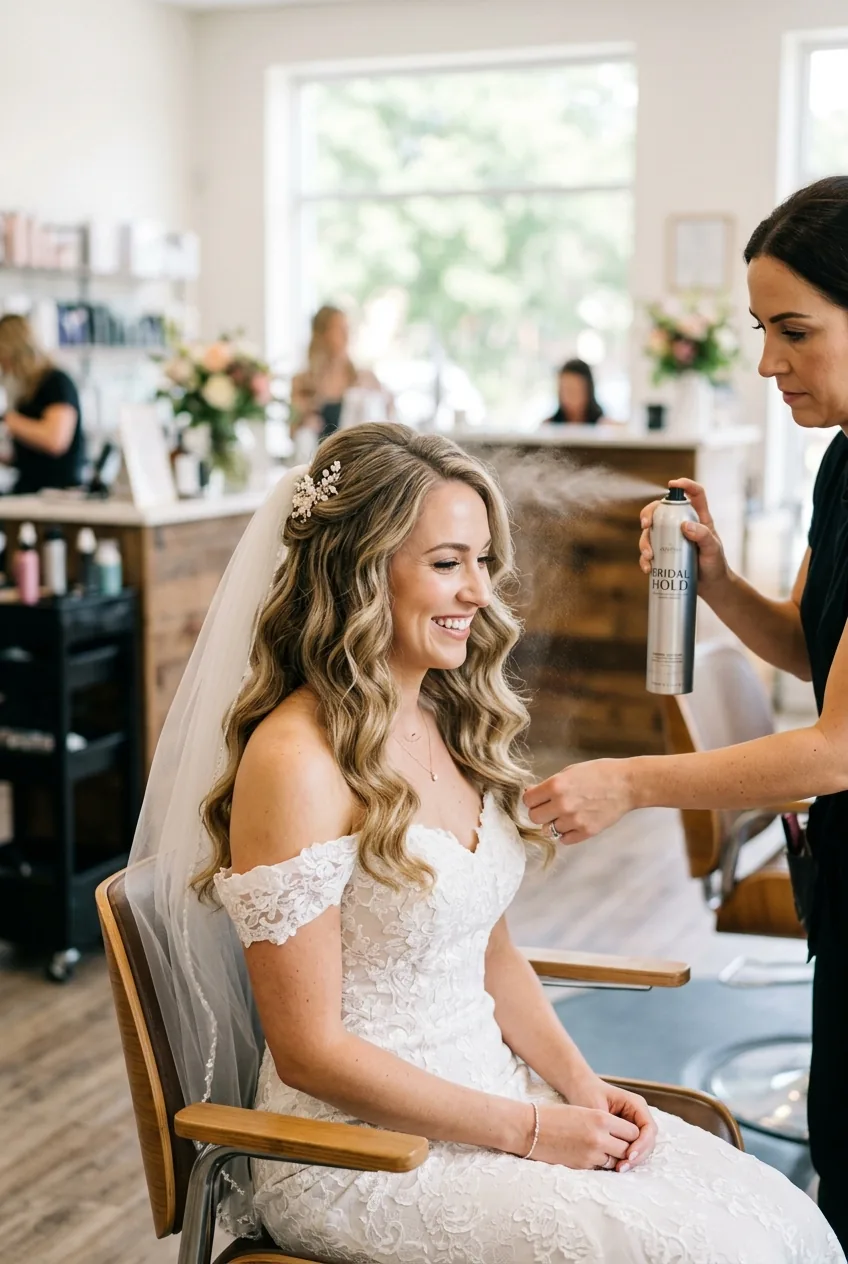 Bride receiving final hairspray application for completed wedding hair down style in professional salon