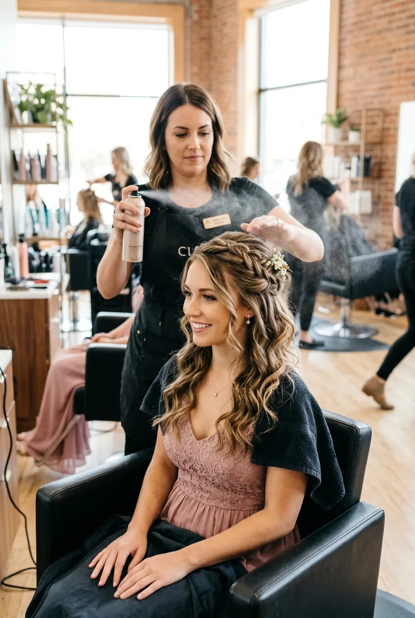 Light hairspray mist being applied to completed bridesmaid hairstyle as finishing touch